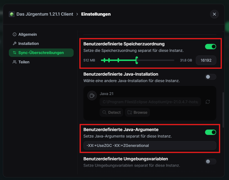 RAM- und Java-Argumente-Einstellungen